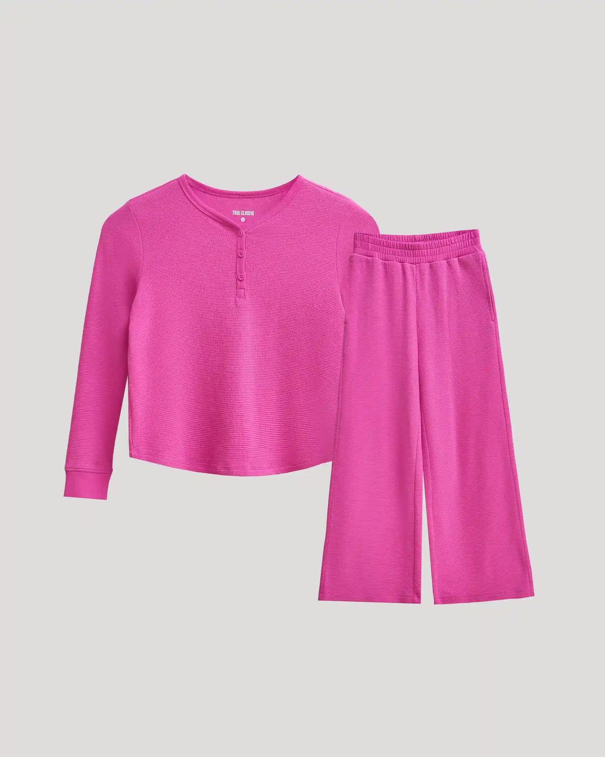Girls Electric Fuchsia Waffle Long Sleeve Henley & Waffle Leg Pants 2-Pack