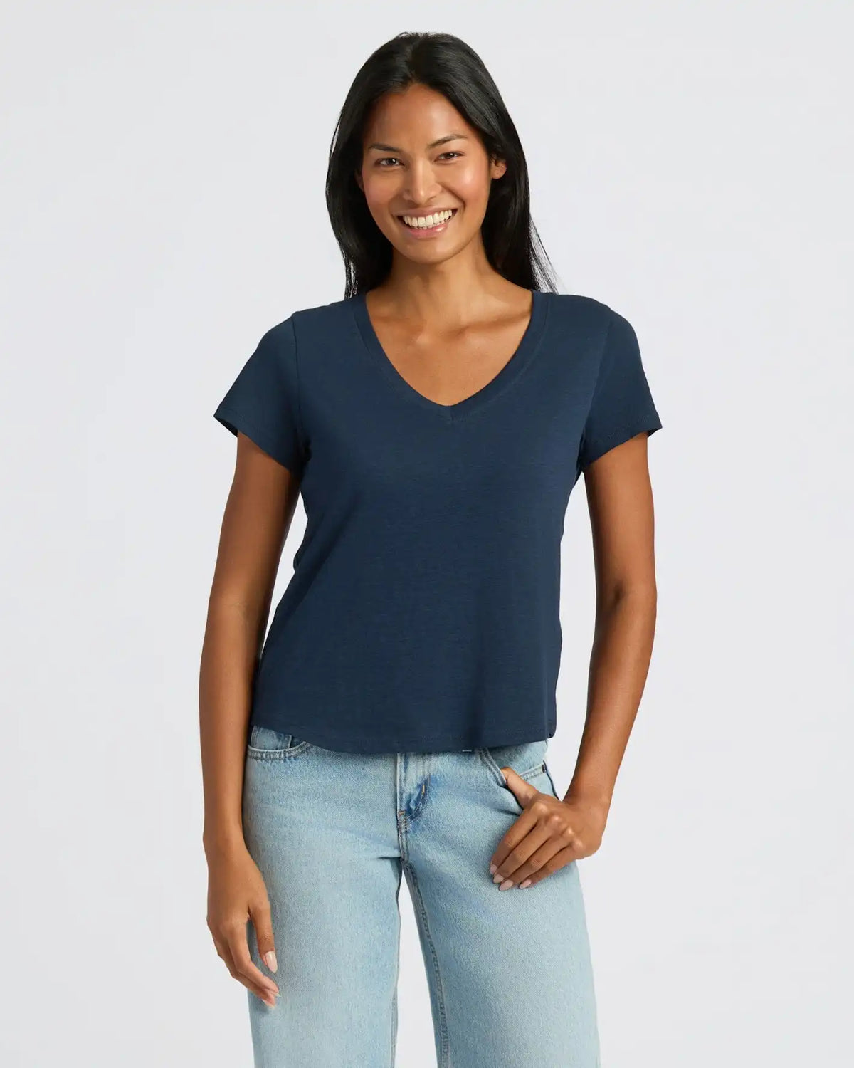 Womens Navy Relaxed Slub V-Neck Tee